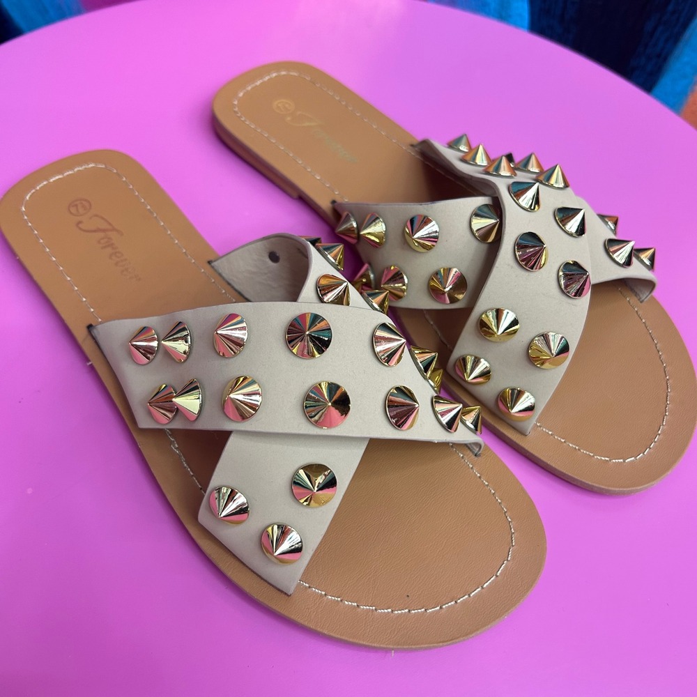 Forever Women 7.5 Sandals Taupe Studded Criss Cross Slide Dorit-68 New - Picture 2 of 6